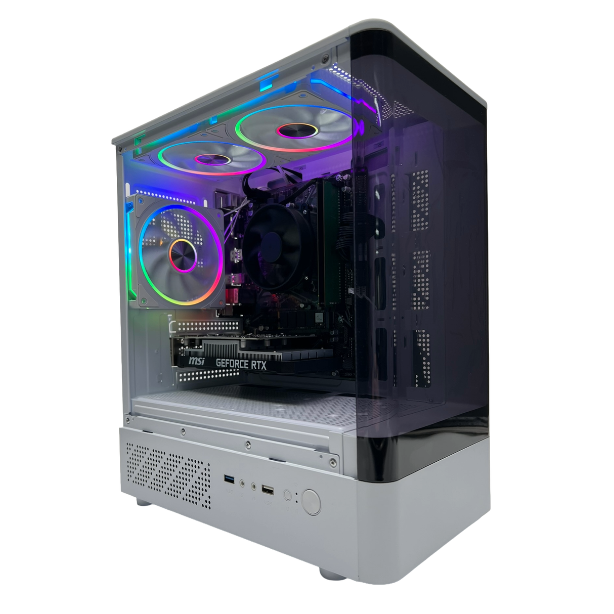 Computer case with RGB lighting on a white background