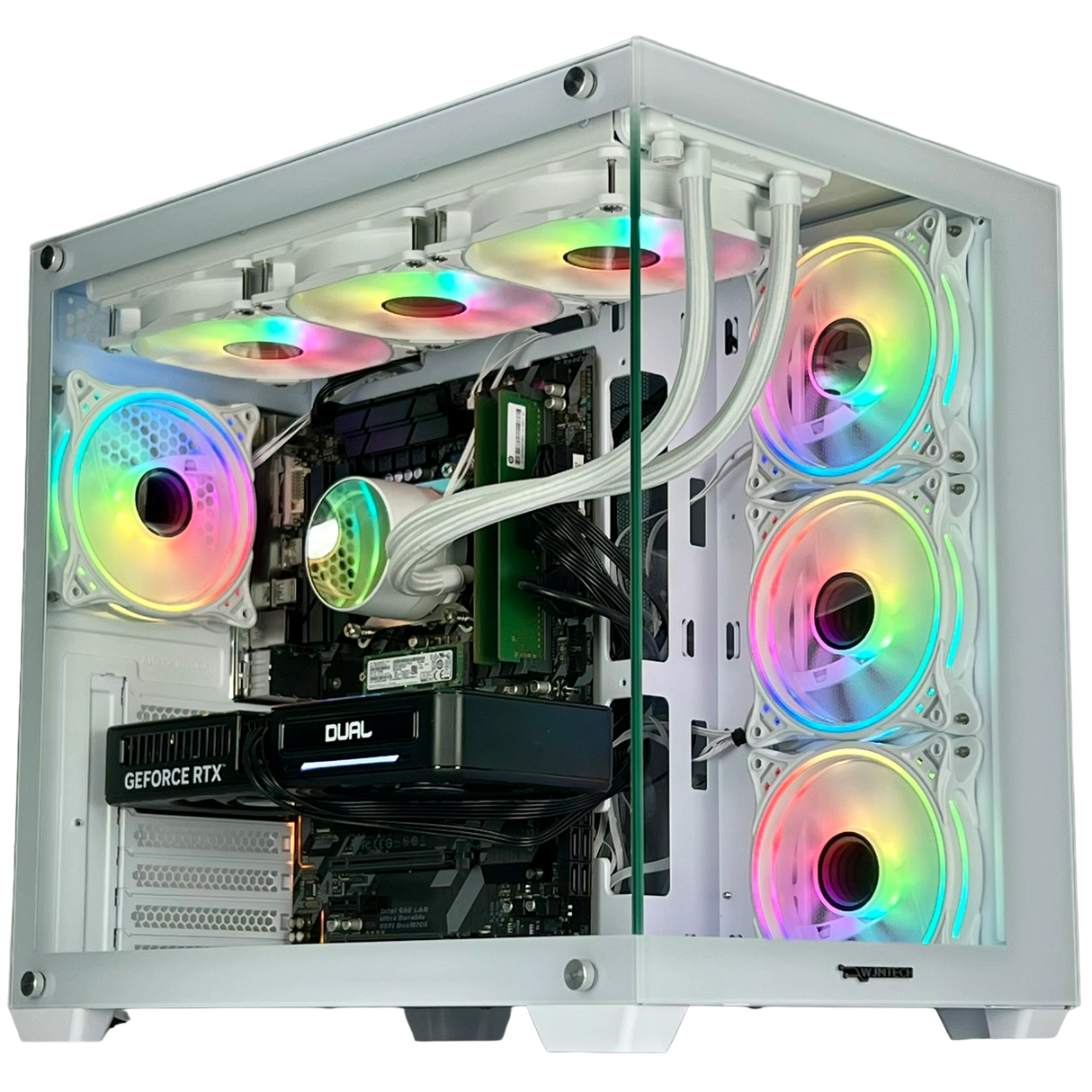 Computer case with RGB lighting and visible hardware components on a white background