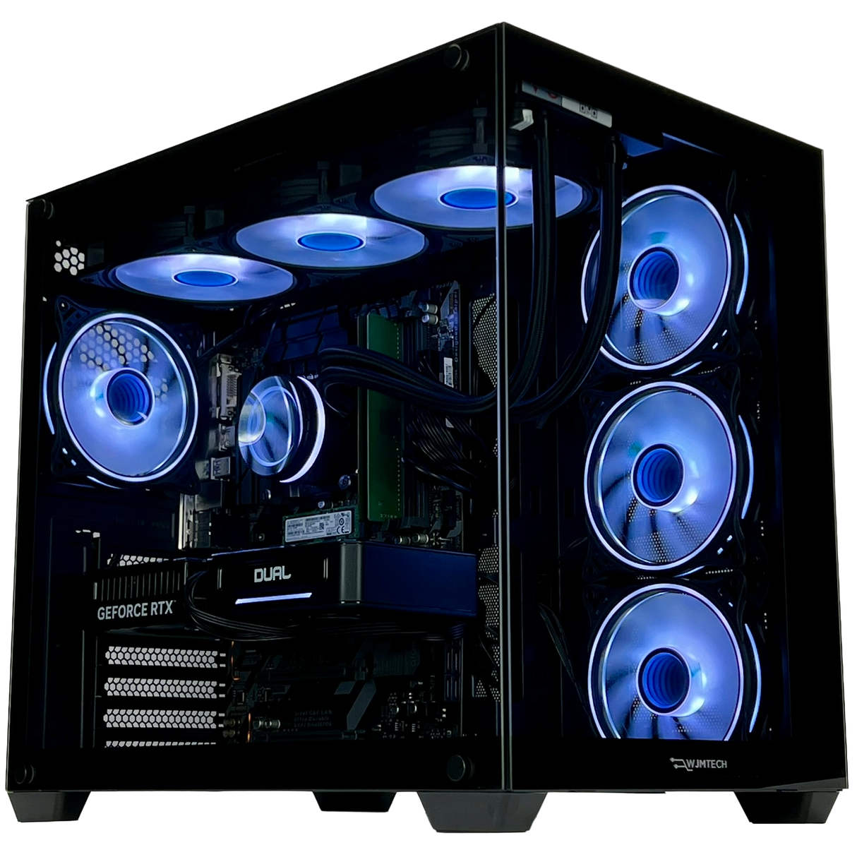 Computer case with blue LED fans on a white background