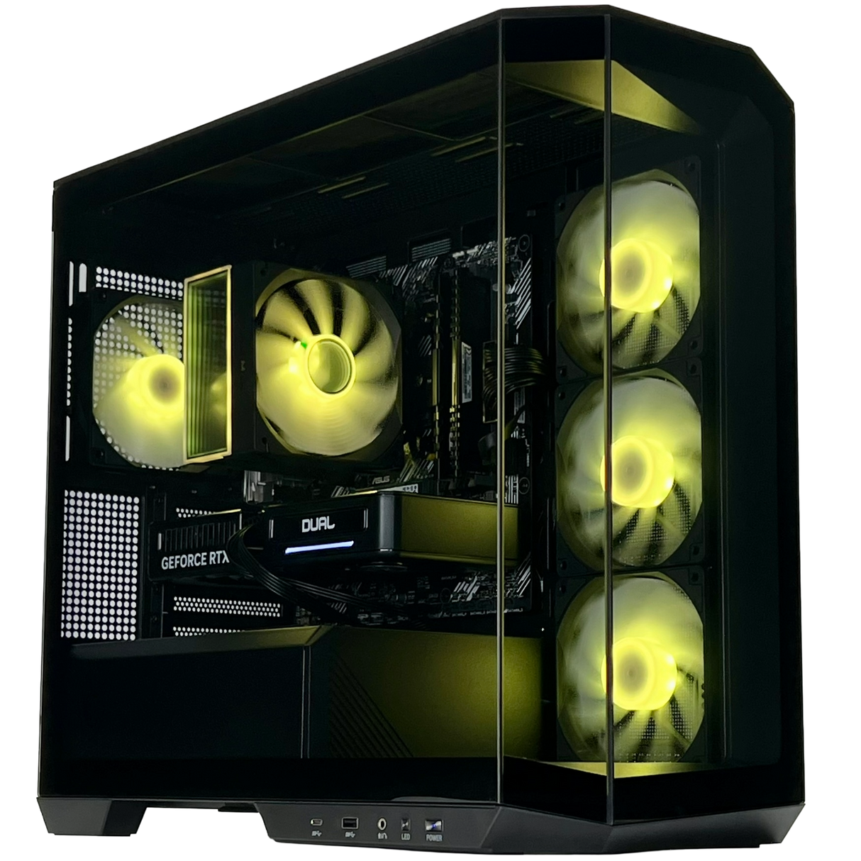 Computer gaming rig with visible components and yellow LED lights on a white background
