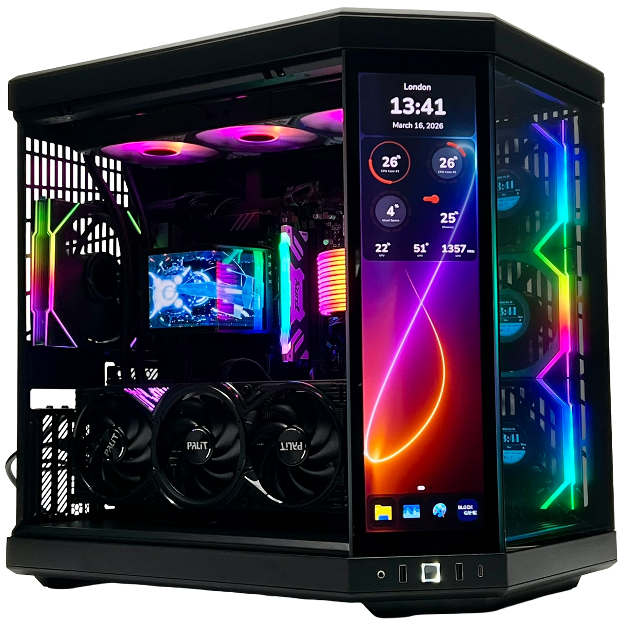 Computer gaming PC with RGB lighting on a white background