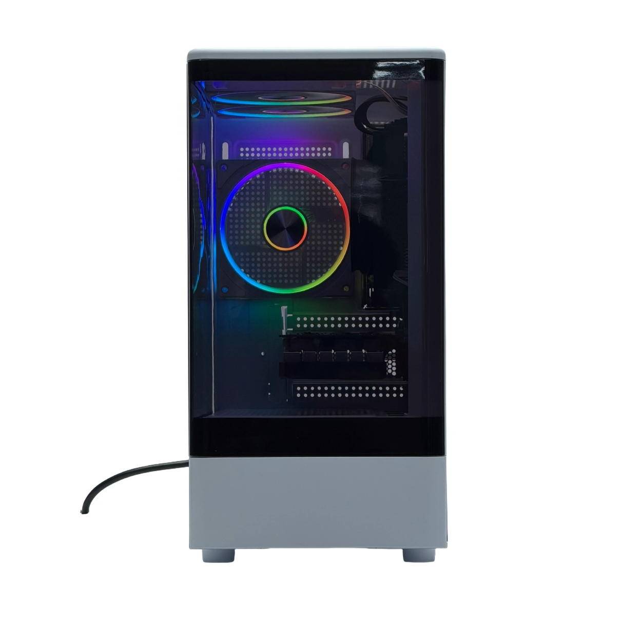 Computer case with RGB lighting on a white background