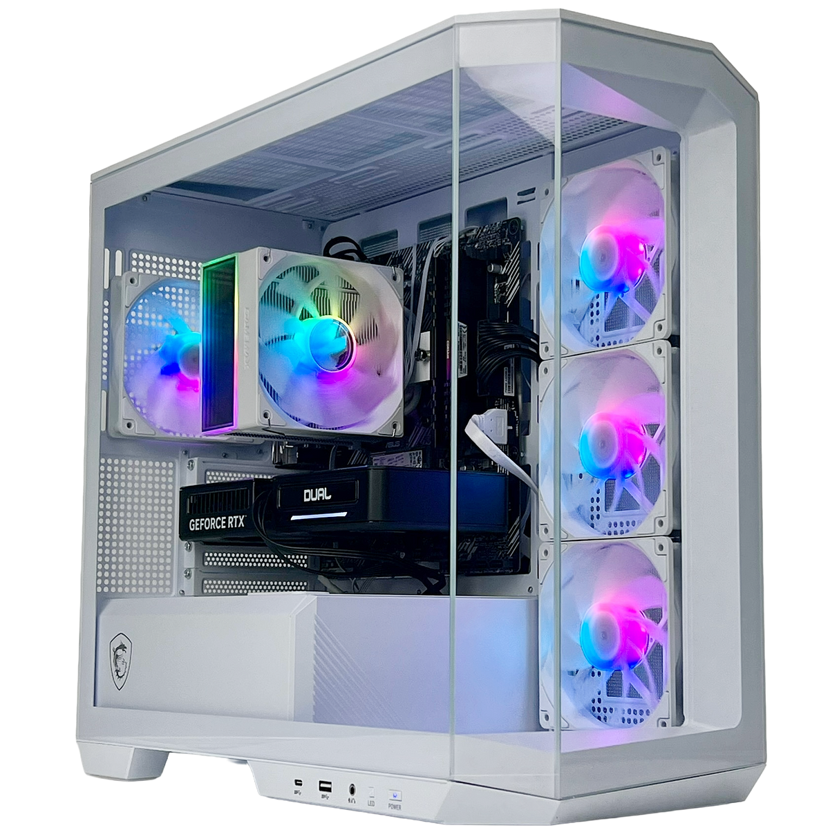 Computer case with RGB lighting and visible components on a white background