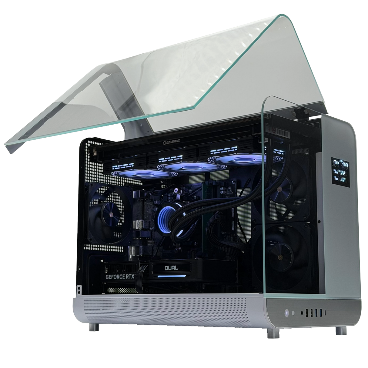 Computer gaming rig with transparent side panel on a white background