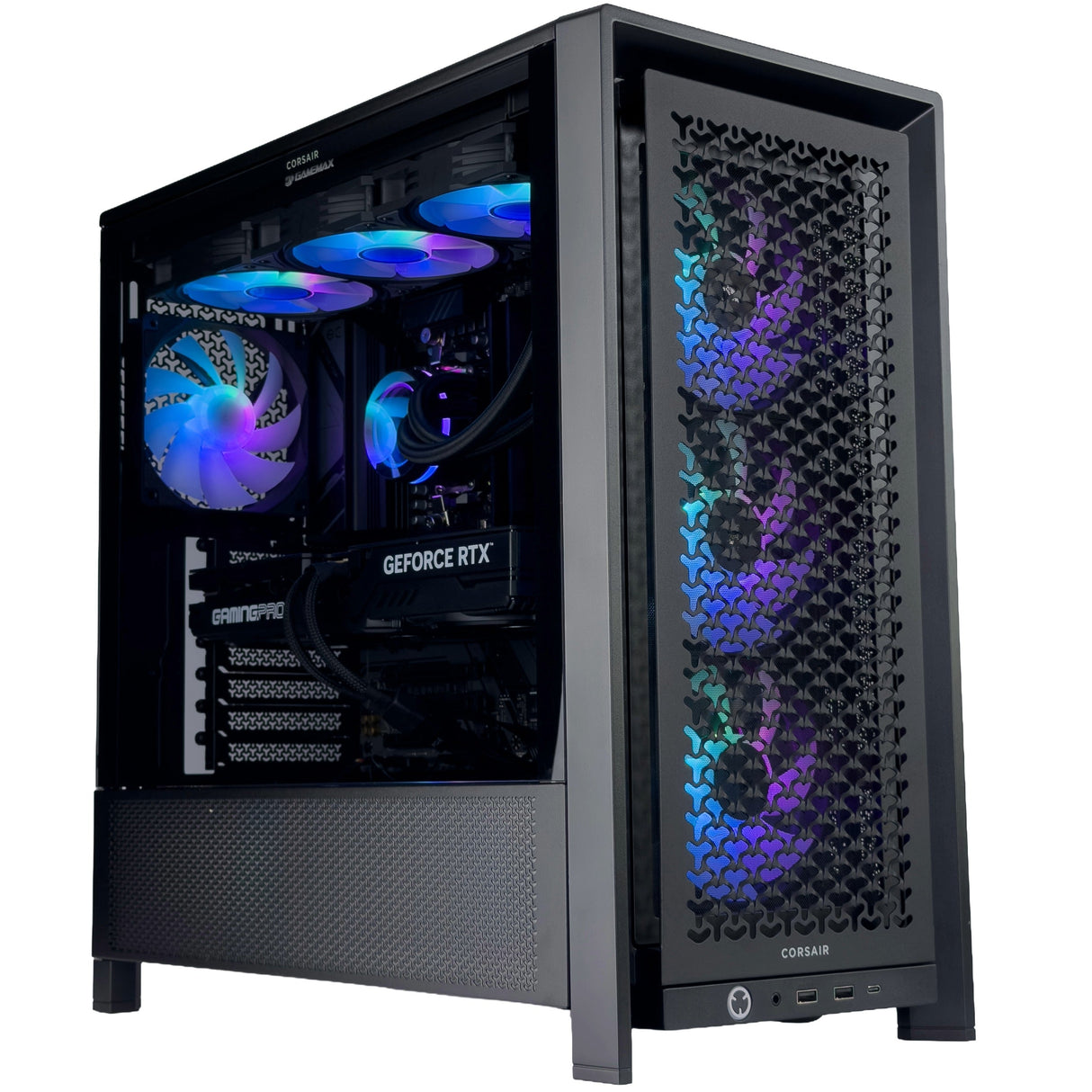 Corsair desktop PC tower case with a black front mesh panel, side glass panel, and three illuminated RGB fans, shown on a white background.