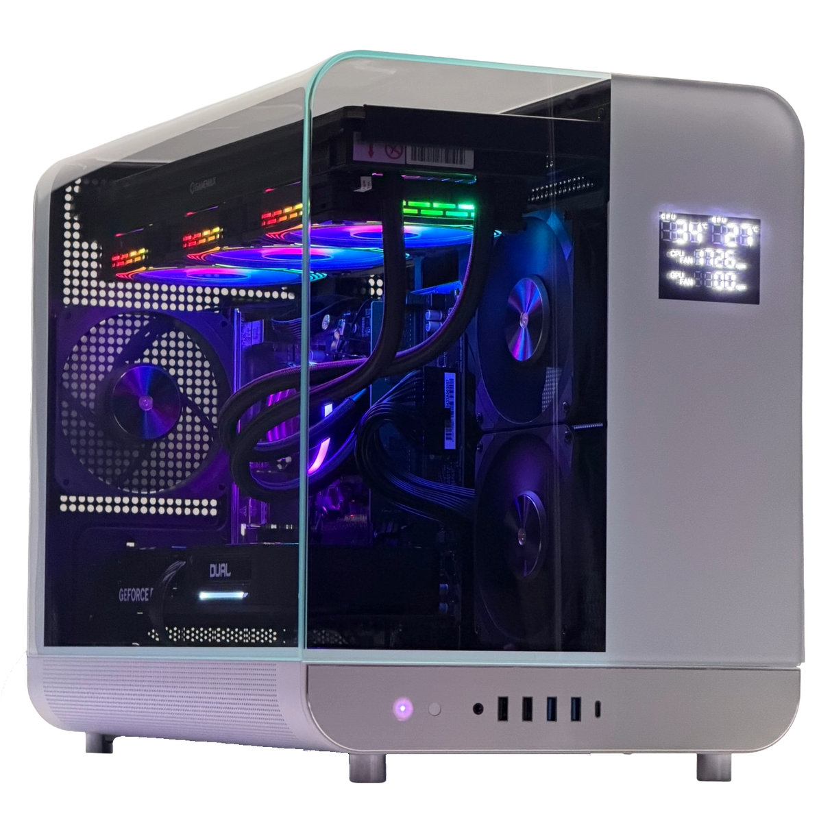 Computer case with transparent side panel showing internal components on a white background