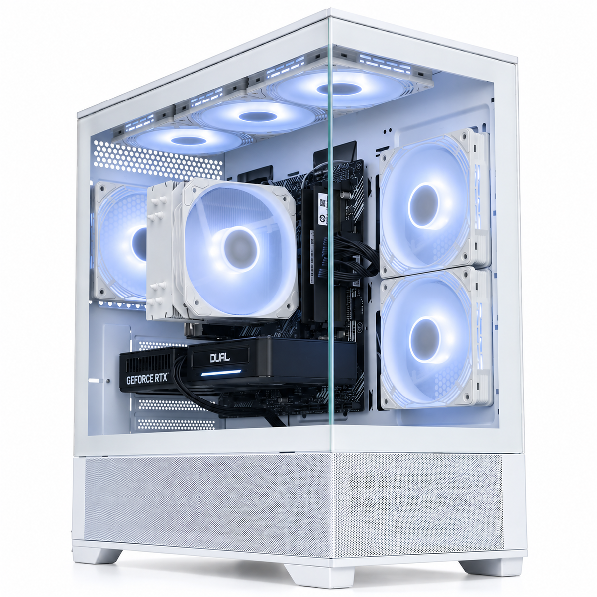 A white custom PC tower with a glass side panel, showcasing a high-end build with four white RGB fans, a black CPU cooler, a GeForce RTX graphics card, and a black CPU tower, set against a plain white background.