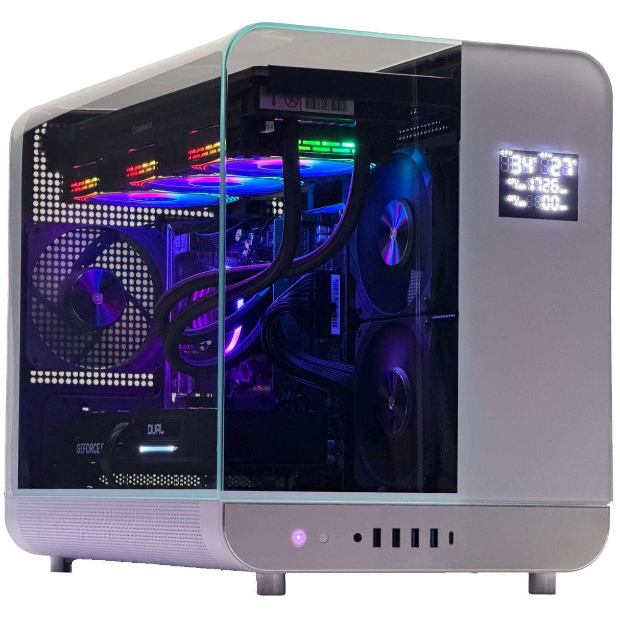 Computer case with transparent side panel showing internal components on a white background