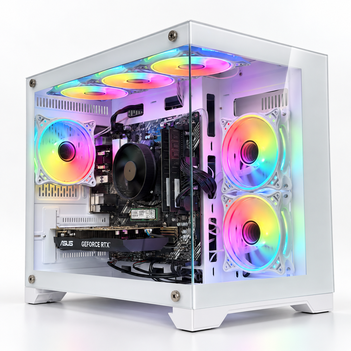 A white custom PC tower case with a transparent side panel, showcasing a fully assembled desktop computer with RGB-lit fans, an ASUS GeForce RTX graphics card, and a CPU cooler, set against a clean white background.