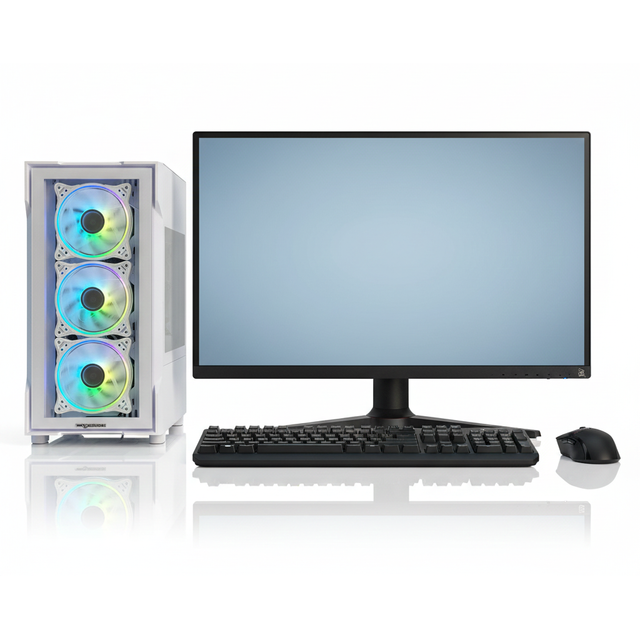 Computer setup with monitor, keyboard, and mouse on a white background