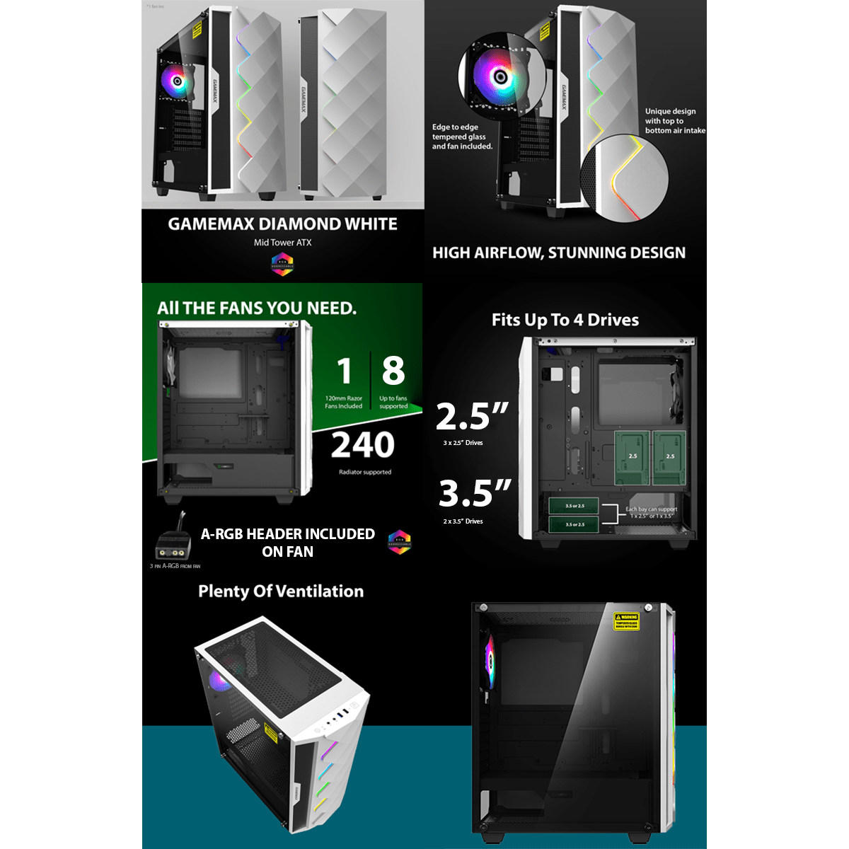 White Diamond RGB Gaming PC - Core i7 - 4770 3.6GHz WiFi Windows 10 GTX Graphics - WJMTech