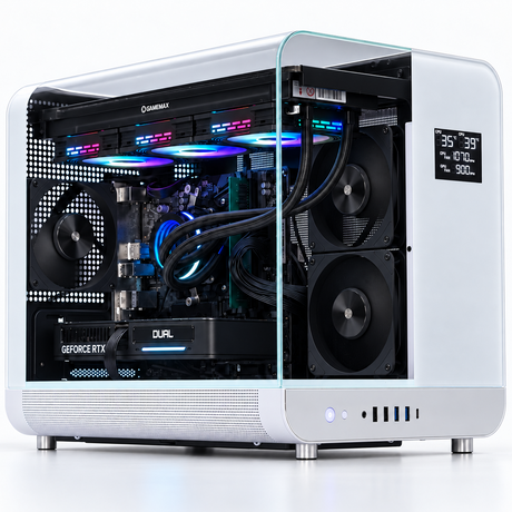 A white high-end desktop PC tower with a transparent side panel, showcasing a custom liquid CPU cooler with RGB lighting, dual fans, a GeForce RTX graphics card, and a digital display on the front right.