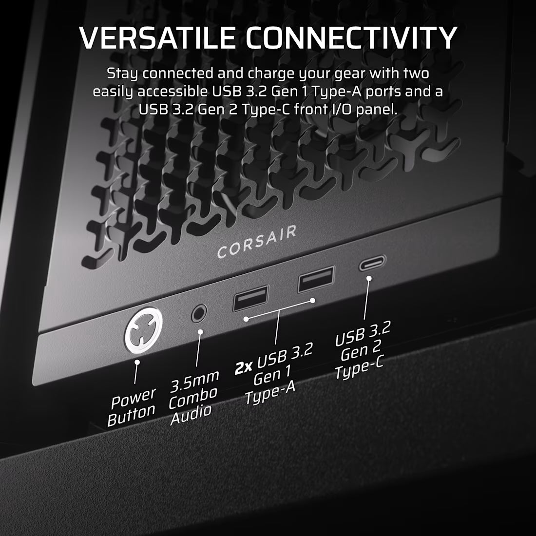 Corsair computer case with USB ports and connectivity features on a dark background