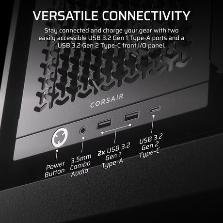 Corsair computer case with USB ports and connectivity features on a dark background