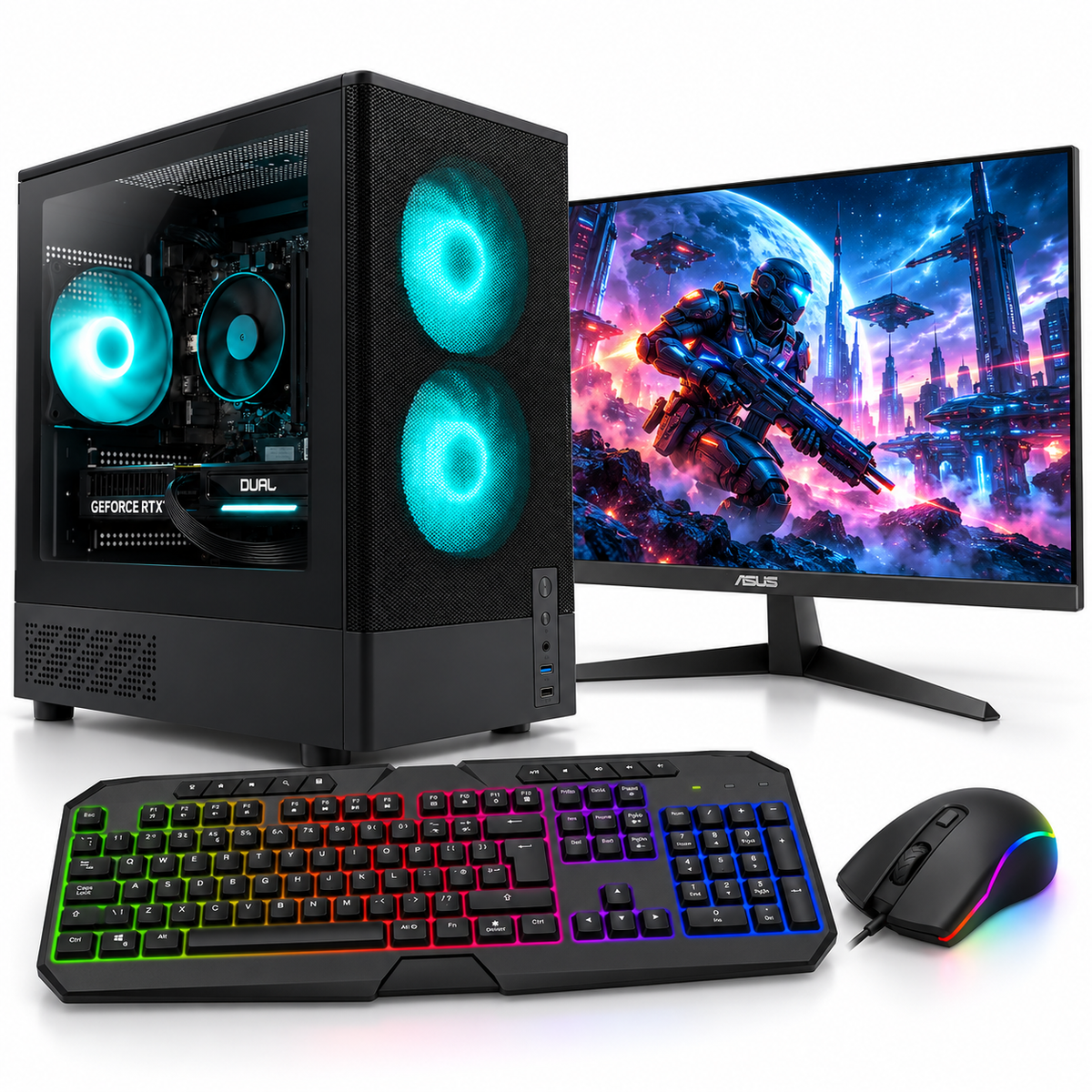 Gaming PC Bundle - RTX 3070 8GB, 27" 120Hz Monitor, Ryzen 5 5500, 32GB RAM, 1TB NVMe, RGB Keyboard & Mouse
