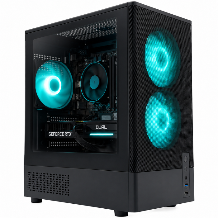 A black dual-chamber desktop PC tower with a glass side panel, showcasing glowing teal RGB fans and internal components, including a GeForce RTX graphics card. The front features a textured mesh grille with two illuminated teal fans on the right side, and a black bottom panel with ventilation holes and power buttons.