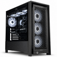 A black Corsair liquid CPU cooler tower PC case with a clear side panel, showcasing an internal liquid CPU cooler with illuminated fans, a GeForce RTX graphics card, and a cooling plate on a white background.