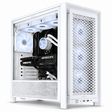 A white Corsair Latus desktop PC case with a clear side panel, showcasing a black and white liquid CPU cooler, white RGB fans, and a GeForce RTX graphics card inside, set against a plain white background.