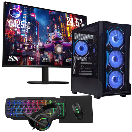 Gaming monitor, case, keyboard, mouse, and headphones on a white background