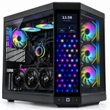 A black custom PC tower case with a glass side panel, showcasing a fully assembled RGB-lit interior with multiple illuminated fans and a front LED light bar. The case features a black front panel with a digital clock display and status indicators.