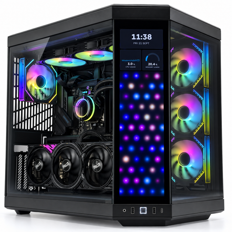A black custom PC tower case with a glass side panel, showcasing a fully assembled RGB-lit interior with multiple illuminated fans and a front LED light bar. The case features a black front panel with a digital clock display and status indicators.