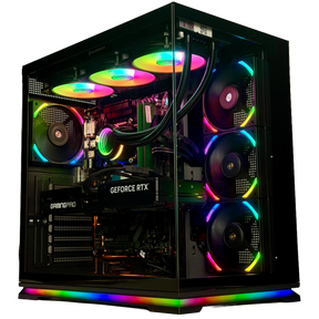 High-performance computer case with RGB lighting on a white background