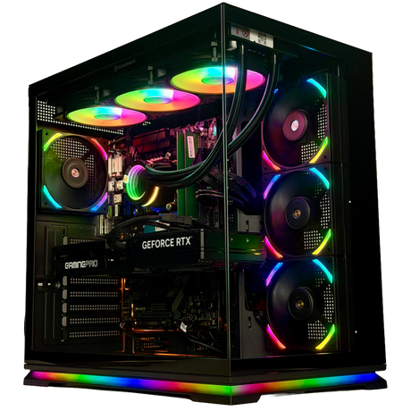 High-performance computer case with RGB lighting on a white background
