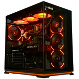 Computer case with visible components including a GeForce RTX graphics card on a black background