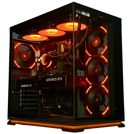 Computer case with visible components including a GeForce RTX graphics card on a black background
