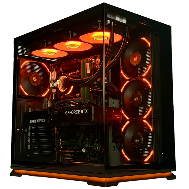Computer case with visible components including a GeForce RTX graphics card on a black background