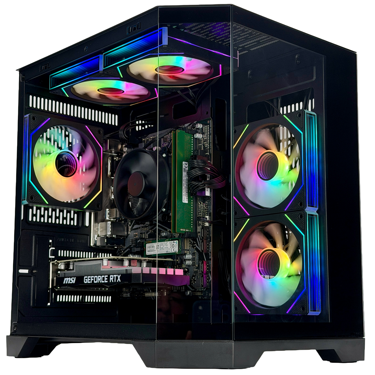 Glossy computer case with RGB lighting on a transparent background