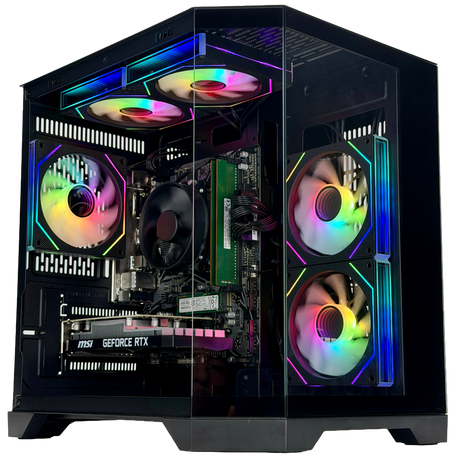 Glossy computer case with RGB lighting on a transparent background