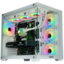 Computer case with RGB lighting and visible hardware components on a white background