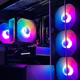 Close-up of a computer case with RGB lighting on fans