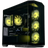 Computer gaming rig with visible components and yellow LED lights on a white background