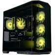 Computer gaming rig with visible components and yellow LED lights on a white background