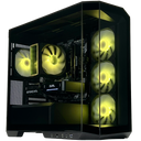 Computer gaming rig with visible components and yellow LED lights on a white background