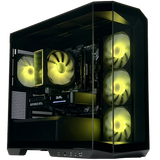 Computer gaming rig with visible components and yellow LED lights on a white background