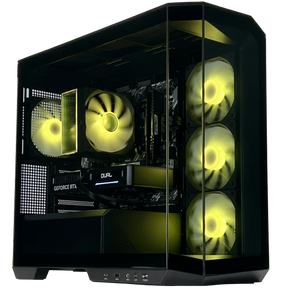 Computer gaming rig with visible components and yellow LED lights on a white background