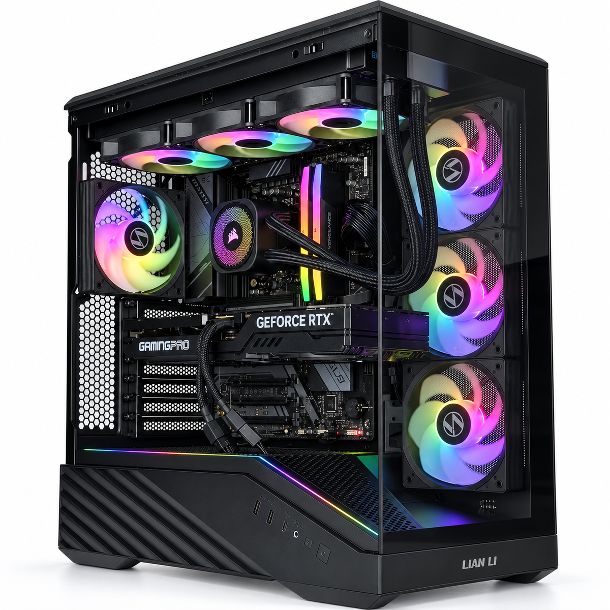 A black custom gaming PC tower with a glass side panel, showcasing a fully assembled interior with RGB rainbow fans, a liquid cooler, and a GeForce RTX graphics card. The brand 'LIAN LI' is visible on the front bottom right corner.