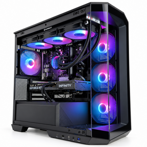 A black desktop PC tower with a transparent side panel, showcasing internal components and multiple RGB cooling fans glowing with blue and purple light, set against a plain white background.