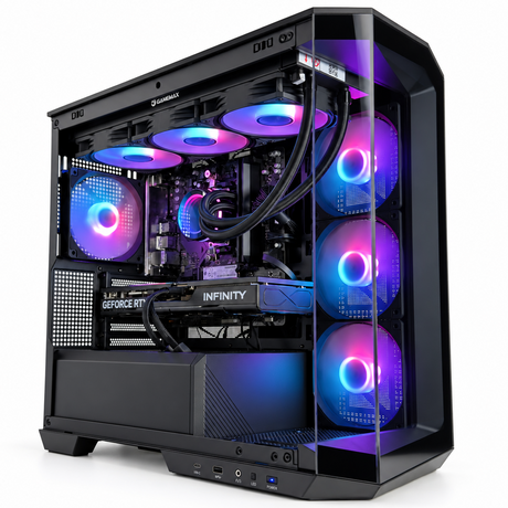 A black desktop PC tower with a transparent side panel, showcasing internal components and multiple RGB cooling fans glowing with blue and purple light, set against a plain white background.