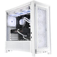 White computer case with a transparent side panel, showcasing a custom PC build with white liquid cooling, white fans, and a black graphics card, isolated on a white background.