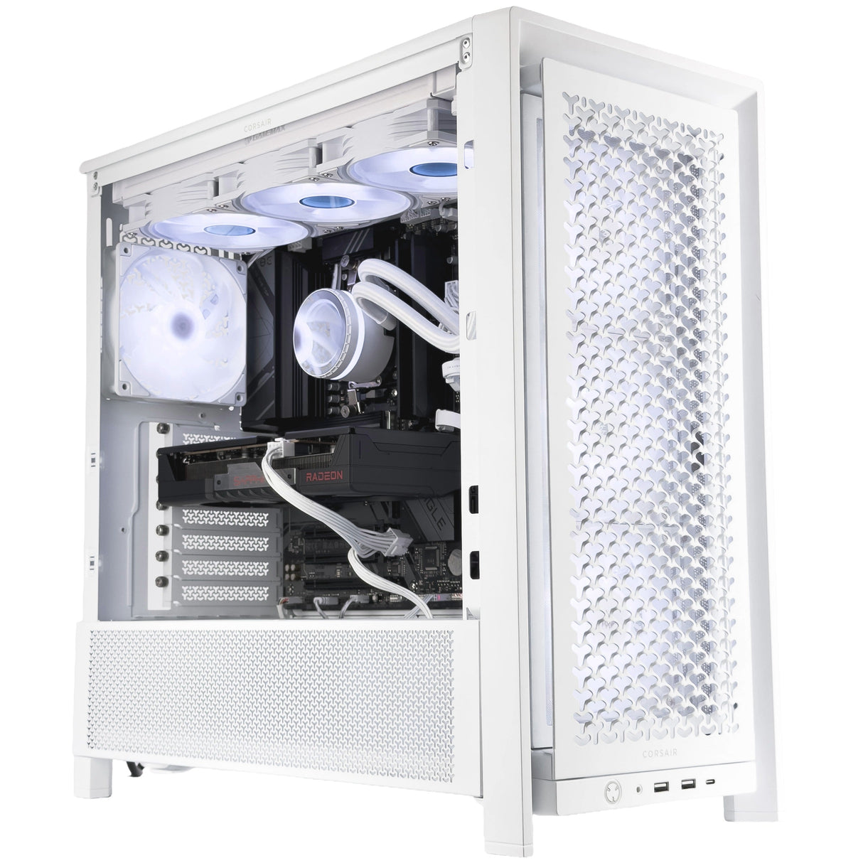 White computer case with a transparent side panel, showcasing a custom PC build with white liquid cooling, white fans, and a black graphics card, isolated on a white background.