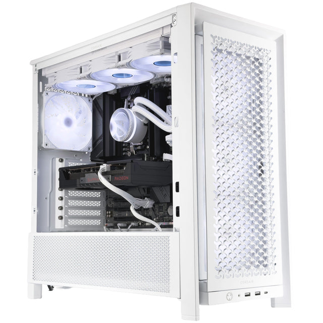 White computer case with a transparent side panel, showcasing a custom PC build with white liquid cooling, white fans, and a black graphics card, isolated on a white background.