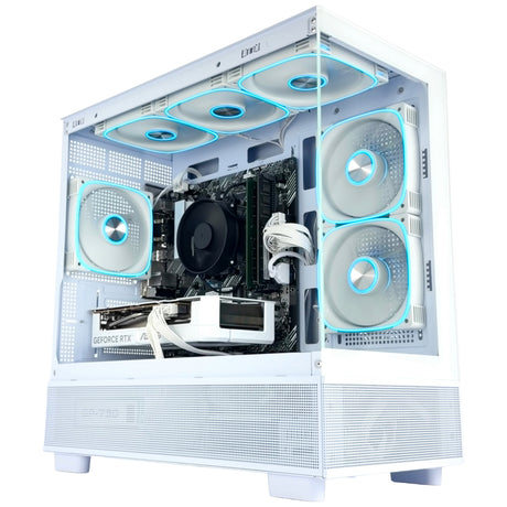 White desktop PC tower case with a transparent side panel, showing internal components including a black CPU cooler, graphics card, and multiple illuminated blue LED fans.