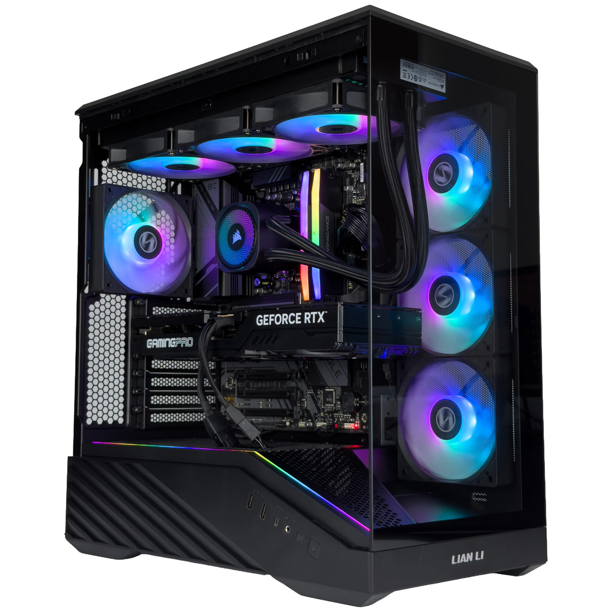 A black gaming PC tower with a glass side panel, showcasing a fully customized internal setup with RGB liquid cooling fans, a GeForce RTX graphics card, and a GIGABYTE B650 motherboard. The brand 'LIAN LI' is visible on the lower right corner of the case.