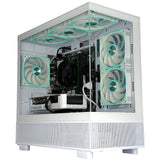 White desktop PC tower case with a transparent side panel, showing internal components and multiple white fans with cyan LED lighting, on a plain white background.