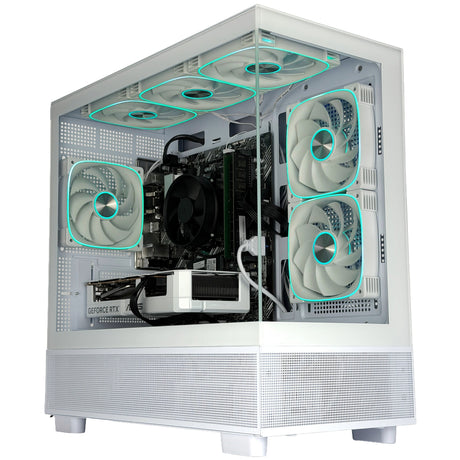 White desktop PC tower case with a transparent side panel, showing internal components and multiple white fans with cyan LED lighting, on a plain white background.