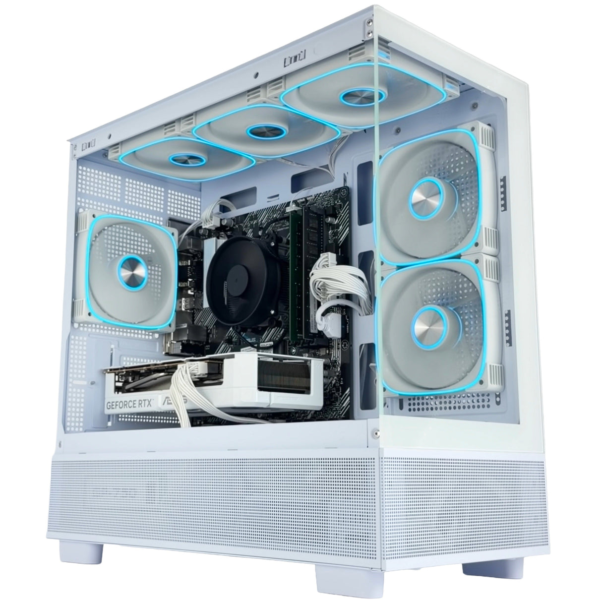 A white computer case with a transparent side panel, showcasing internal components including a black CPU cooler, white cables, and multiple fans with blue LED lighting accents. A GeForce RTX graphics card is visible inside.